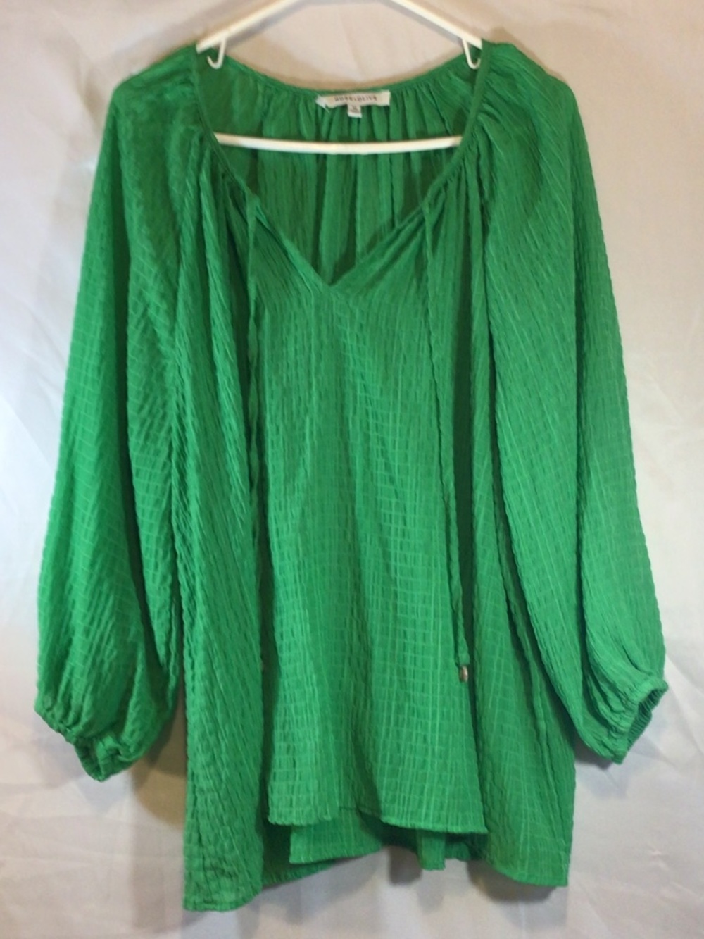 rose + olive 3X top kelly green plisse’ long sleeve textured cottagecore peasant
